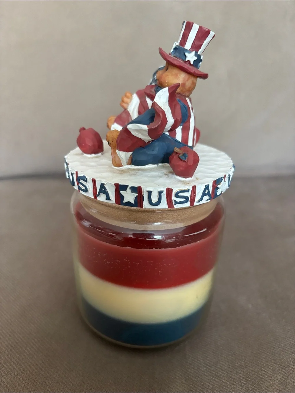 Patriotic Red White Blue Layered Candle Jar with USA Decorative Lid